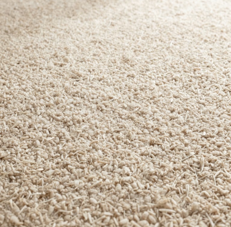 Close-up texture shot of premium low-pile wool carpet fibers under warm, natural side-light, highlighting the tactile grain and organic beige tones, 35mm lens
