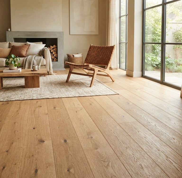 Low-angle editorial interior photography, bright natural side-light hitting a light oak floor, warm neutral tones, 35mm lens