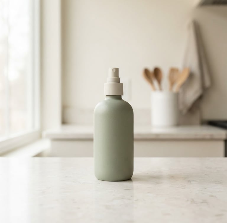 Straight-on eye-level bright editorial shot of a minimalist sage green spray bottle sitting on a clean off-white stone kitchen counter, soft morning daylight, neutral tones, 50mm