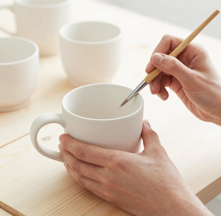 Close-up of hands painting a raw white ceramic mug with a fine brush, soft terracotta glazes on a wooden table, bright diffused daylight, 35mm