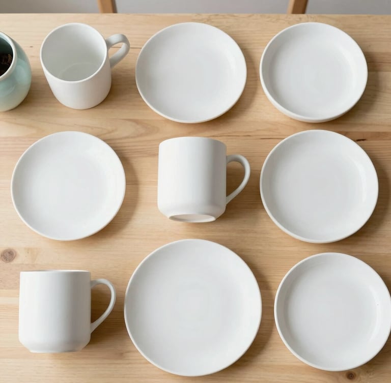 Top-down flat lay of clean white unglazed ceramic mugs and plates arranged neatly on a light wooden table, soft natural morning light, pastel glaze pots nearby, 35mm editorial photography
