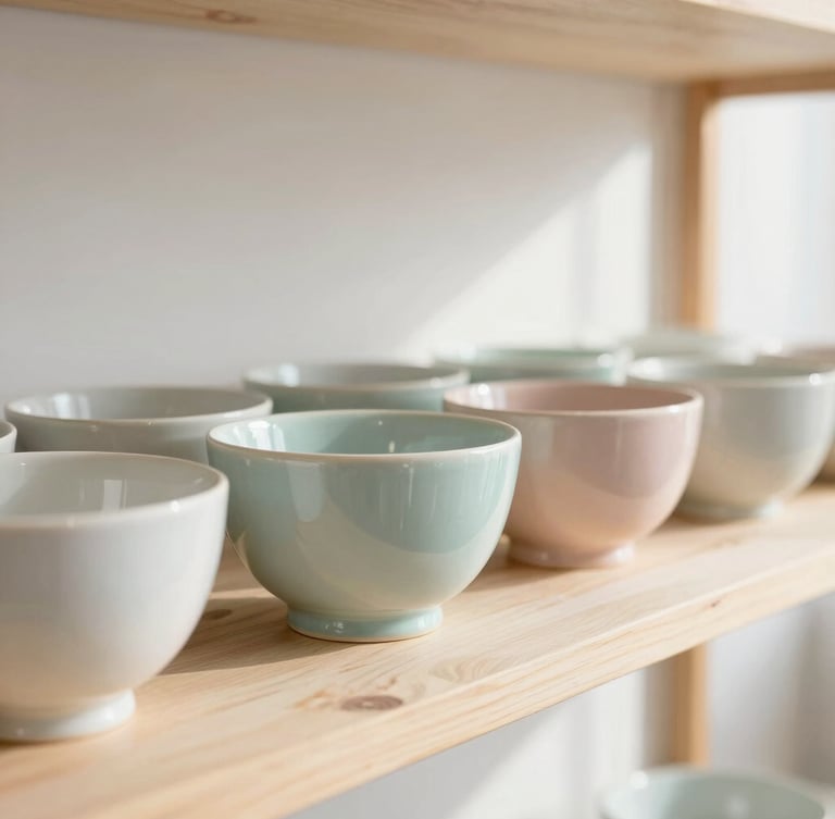 A row of newly glazed pastel ceramic bowls catching soft natural window light on a clean wooden shelf, minimalist setting, 35mm