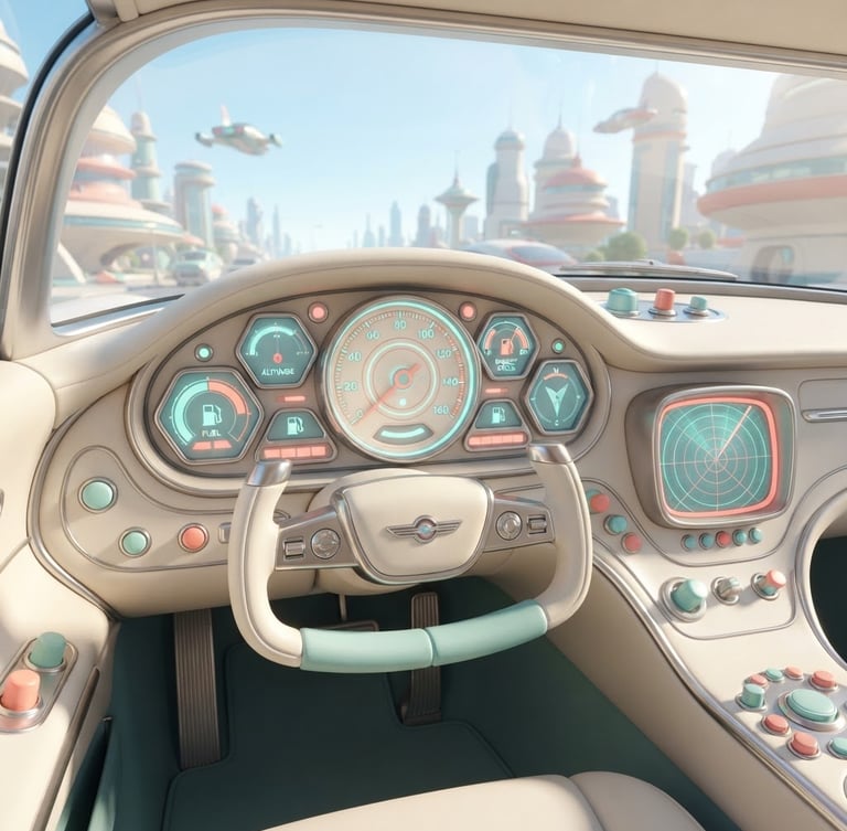 Bright 3D render of a retro-futuristic flying car dashboard, pastel teal and coral dials, sleek cream-colored console, soft optimistic studio lighting, clean geometric shadows