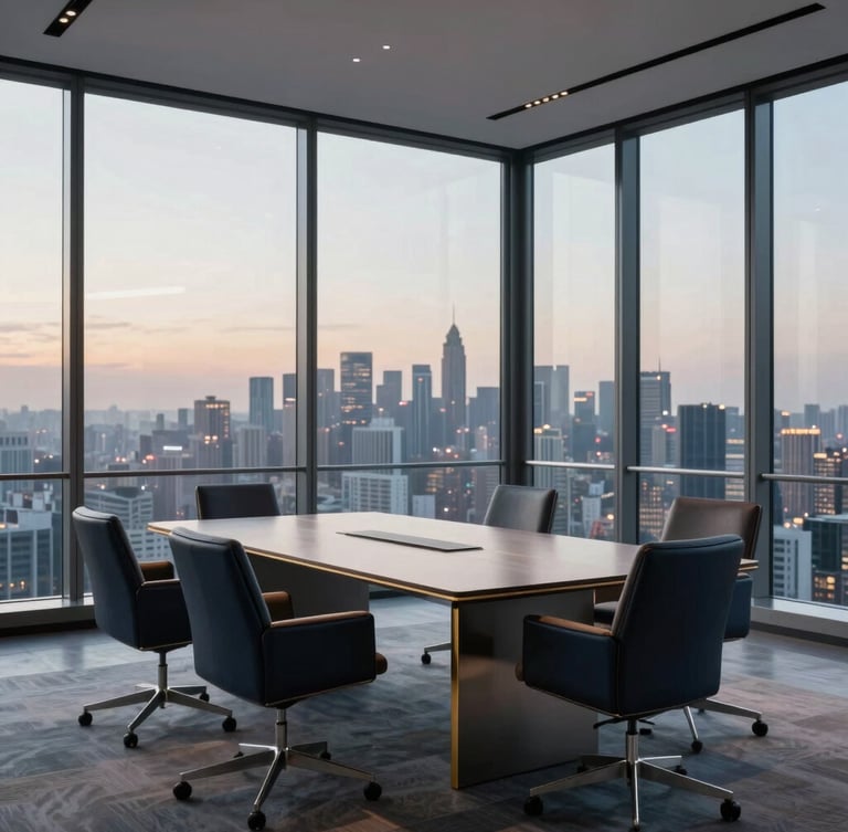 Wide environmental shot of a modern minimalist boardroom, floor-to-ceiling glass windows overlooking a soft-lit city skyline at dusk, premium leather and steel furniture, 35mm