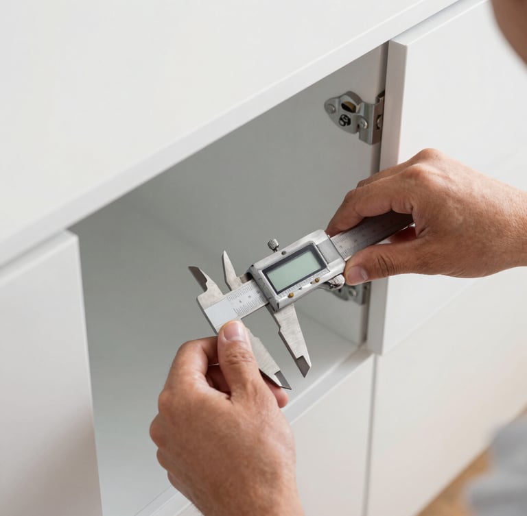 Overhead close-up of a technician using a digital caliper to measure the inner frame of a white kitchen cabinet, soft natural side light, metallic tools visible on a clean surface.