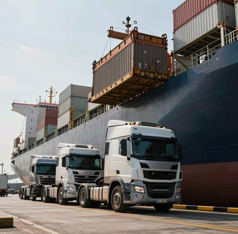 Portrait shot of heavy trucks being loaded onto a cargo ship at a busy port, harsh natural daylight emphasizing metallic textures and scale, low-angle perspective.
