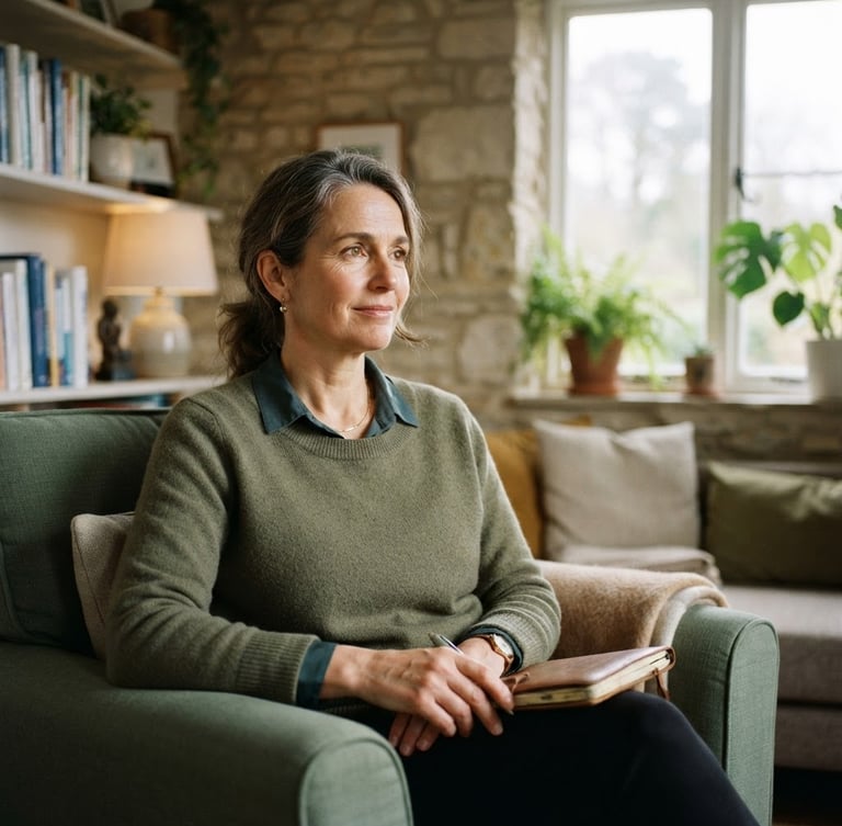 A professional environmental portrait of a female psychologist in a calm, light-filled office with warm stone walls, sitting thoughtfully, soft daylight, shallow depth of field, 35mm