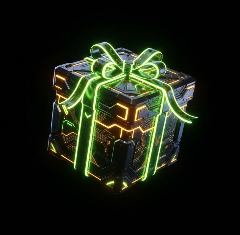 Sleek digital 3D render of a glowing neon gold and cyber green gift box, floating on a pitch-black background, high-contrast cybernetic aesthetic, sharp macro focus