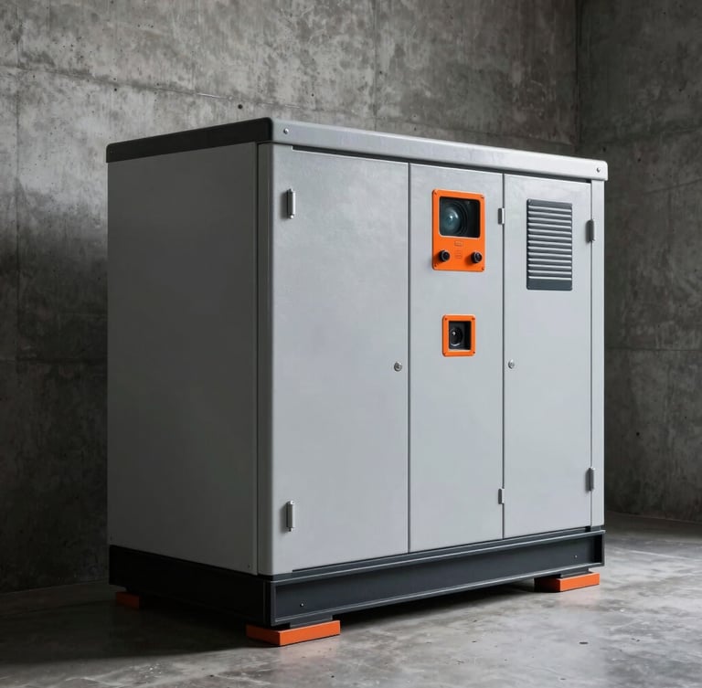 Industrial emergency diesel generator in a modern concrete technical room, high-contrast dramatic lighting, metallic textures with safety orange details, sharp focus, 35mm lens