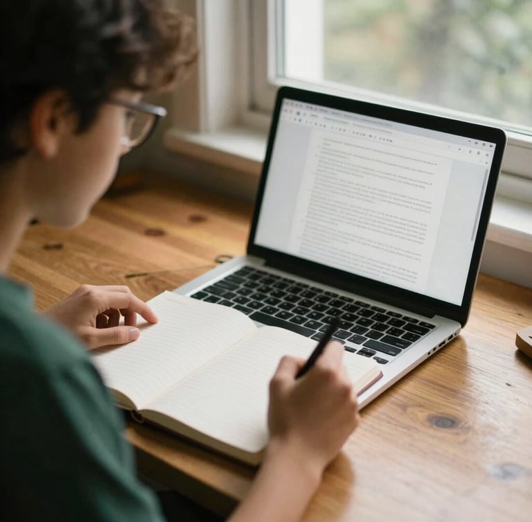 A focused student studying at a wooden desk by a warm window, a notebook open with neat handwriting, a laptop showing a clean language exercise, warm editorial photography, 35mm