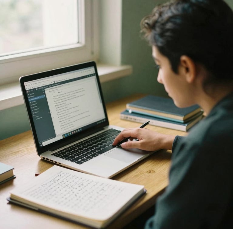 A focused Afghan student studying in a warm, sunlit room, a laptop showing a clean programming interface, an open notebook with elegant Dari script, soft 35mm photography.