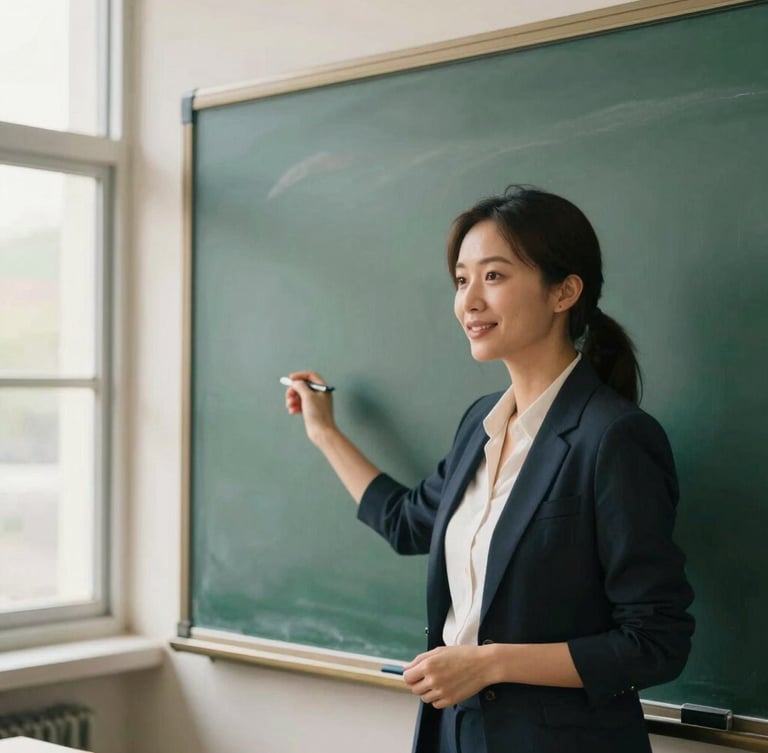 A dedicated female educator presenting on a clean digital board, warm natural window light, professional setting, shallow depth of field.