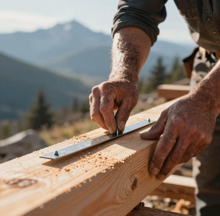 A close-up of a carpenter's weathered hands marking a thick Douglas fir timber with a steel framing square under crisp morning mountain light.