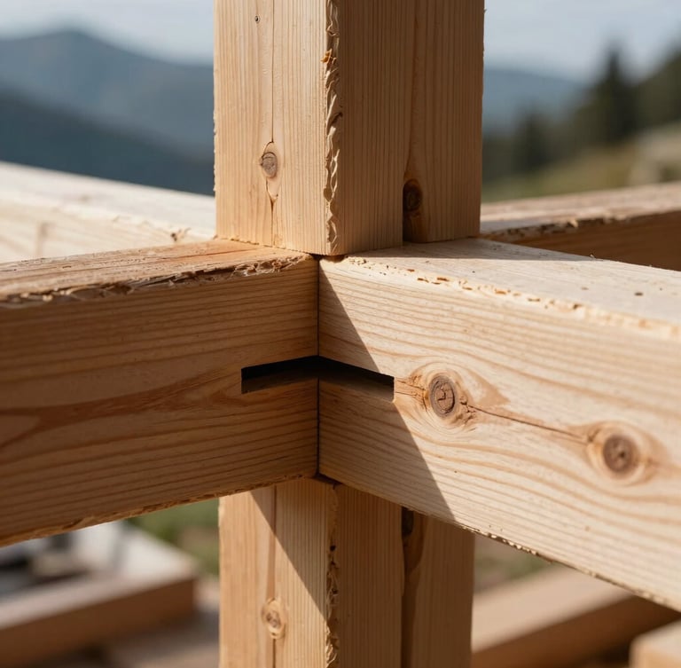 Extreme close-up of a heavy timber mortise and tenon joint, raw textured wood grain, crisp natural mountain daylight, outdoor workshop setting.