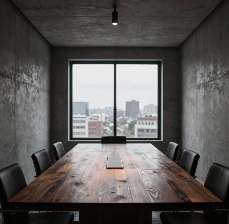 Wide architectural angle of a modern minimalist boardroom in Polanco, concrete walls, dark oak table reflecting low-key warm wine light, large window showing soft city blur, professional atmosphere.