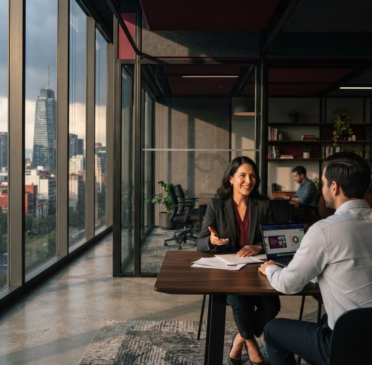 Dramatic window light casting soft shadows on a structured modern corporate office interior in Mexico City, deep wine and charcoal gray tones, editorial corporate photography style, 35mm lens