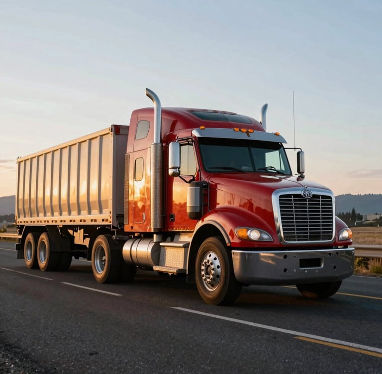 A low-angle heroic shot of a clean, well-maintained heavy-haul truck parked on an Oregon highway during the early morning golden hour, with crisp skies.