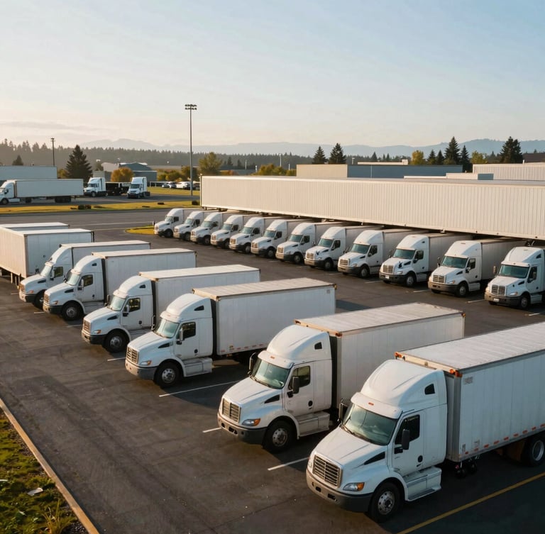 A wide environmental shot of a modern trucking terminal yard in Hermiston, Oregon, with clean company trucks parked in neat rows under a bright morning sky