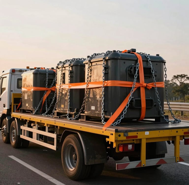 A clean, modern flatbed trailer loaded with heavy industrial equipment, tightly secured with heavy-duty chains and orange straps, early morning light