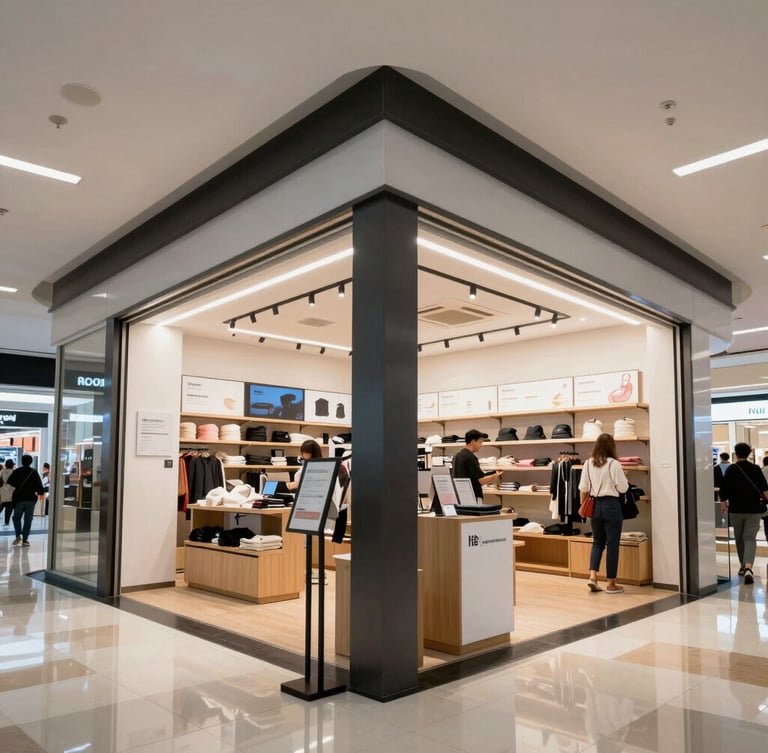 Extreme wide-angle shot of a custom physical mall kiosk built in an active high-traffic retail center, showing crisp structural joints and modern materials