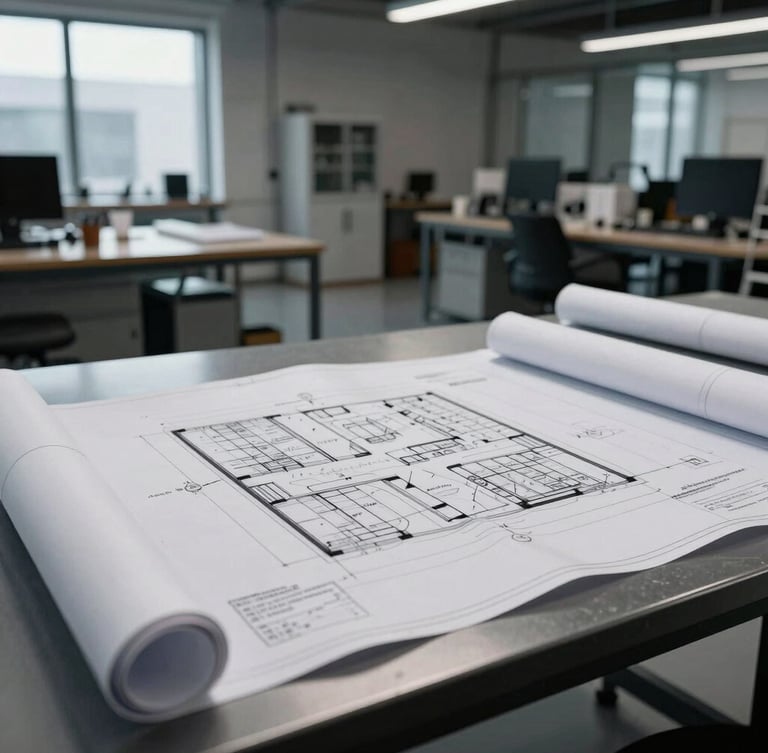 Extreme wide-angle cinematic shot of a modern architectural studio, blueprints spread across a black steel table under cool white light, high-contrast shadows.