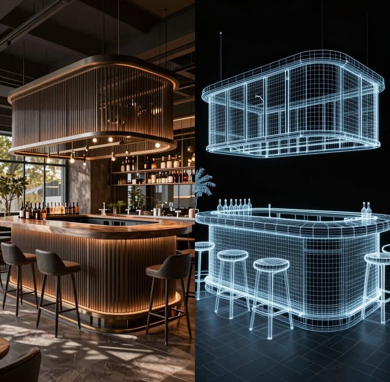 Split-screen comparison showing a high-fidelity 3D render of a modern restaurant bar next to its corresponding technical CAD wireframe, high-contrast daylight on one side, glowing blueprint lines on the other.
