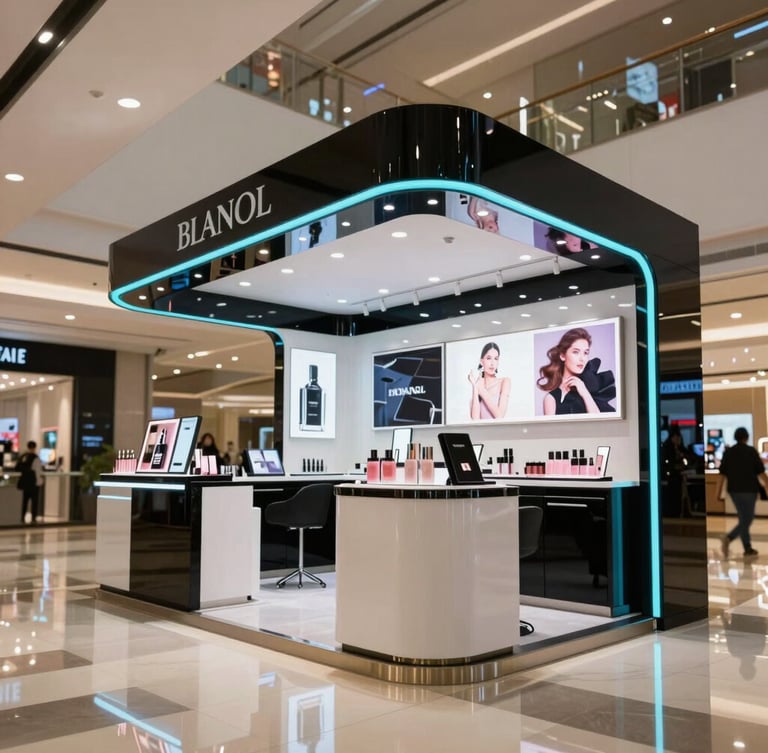 Extreme wide-angle shot of a premium custom cosmetic kiosk on a polished mall floor, gleaming under overhead spot lighting, sharp geometric lines, electric cyan accent lighting strip visible.