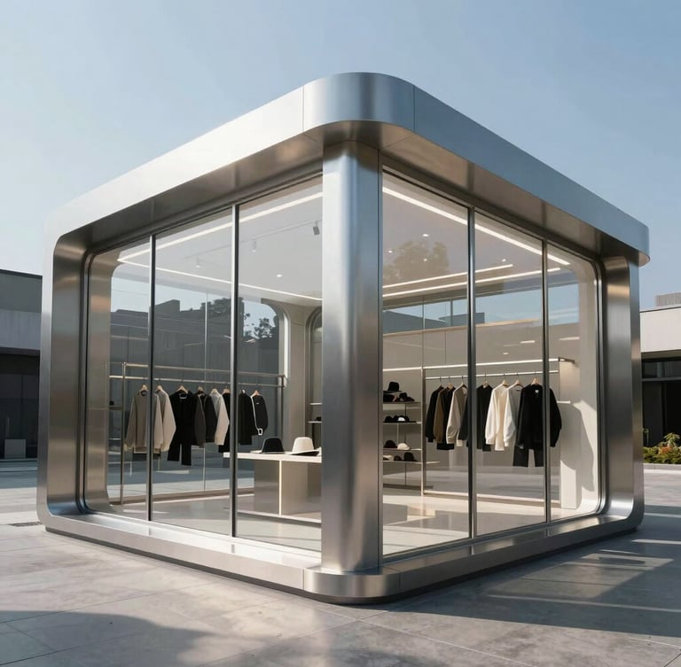 Extreme wide-angle architectural visualization of a futuristic retail kiosk, high-contrast daylight, sharp steel joints and glass panels, hyper-realistic rendering.