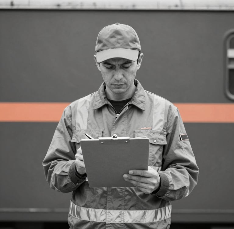 A crisp black and white portrait of a disciplined general laborer in clean high-visibility gear, holding a clipboard and checking off a list, straight-on symmetrical framing, bright daylight