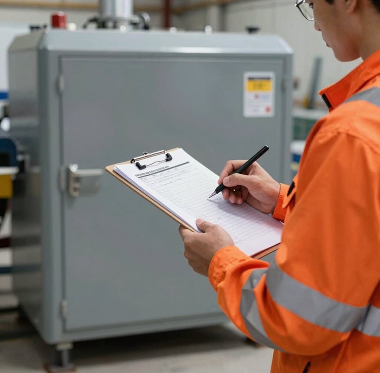 Straight-on industrial photography of a clean work site, a worker in clean high-visibility gear holding a clipboard and checking off a list, bright daylight, high contrast, sharp focus, 35mm