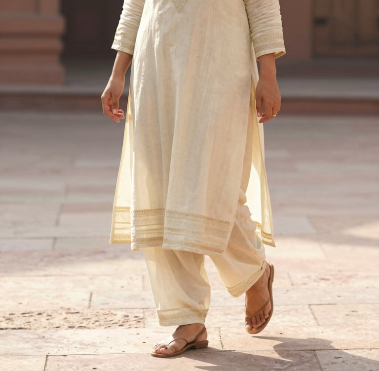 Medium shot of a woman walking gracefully in a cream Farshi salwar suit, showing the elegant drape of wide-legged trousers on a sunlit stone floor, warm editorial style.
