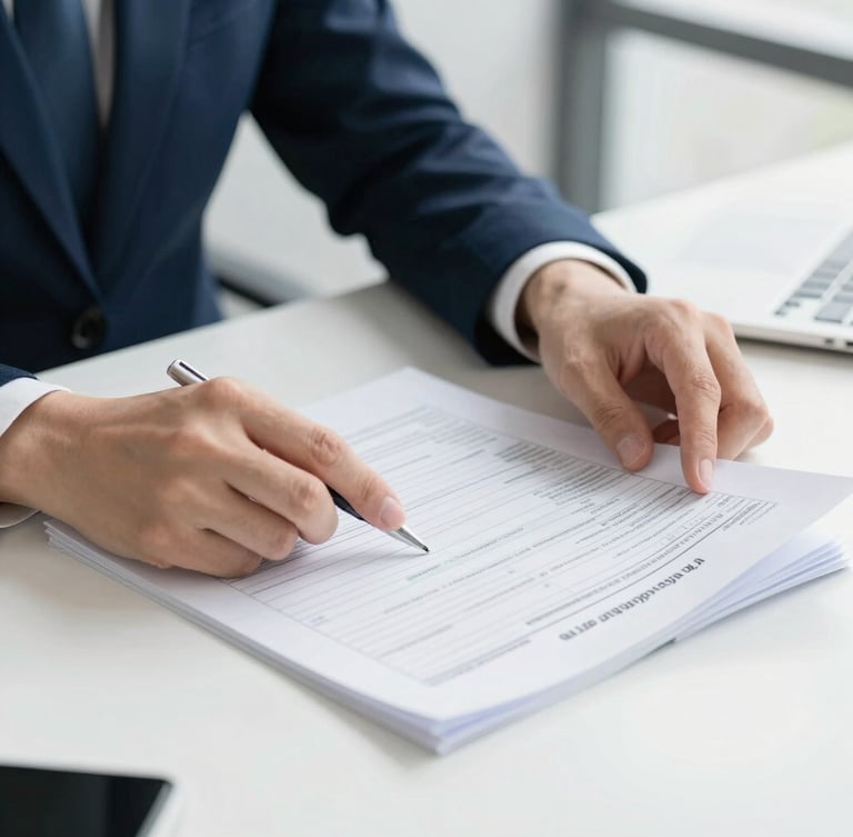 Close-up of hands reviewing physical energy bills on a modern office desk, bright natural daylight, cool navy tones