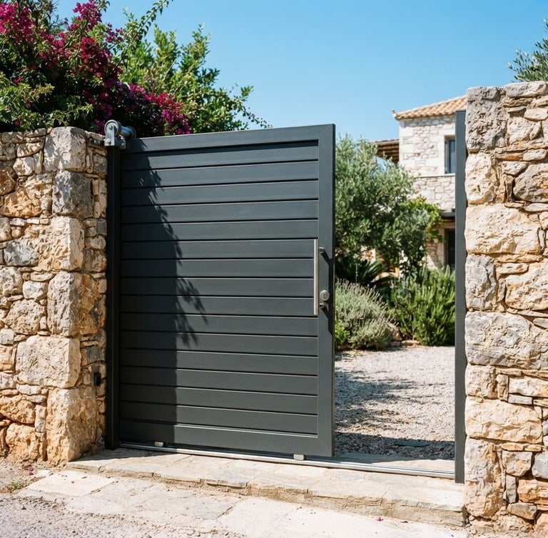 Sharp editorial photography, bright Mediterranean daylight, modern dark grey aluminum sliding gate installed in a stone wall, clean lines, 35mm