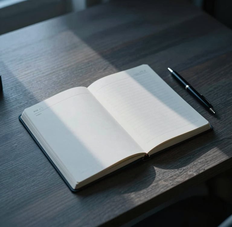 Minimalist editorial photography of a structured wooden desk, an open paper planner, a clean black pen, soft cool morning daylight casting subtle shadows, 35mm