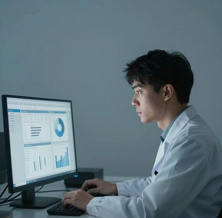 Minimalist environmental portrait of a researcher analyzing clean data charts on a screen, soft cool daylight, deep blue and gray tones, clean composition, 35mm