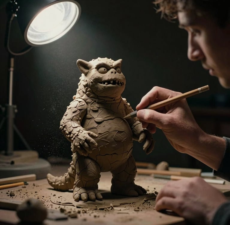 An animator's hand carefully sculpting a clay monster maquette under a dramatic studio spotlight, clay dust in the air, rich dark textures, 35mm film grain.