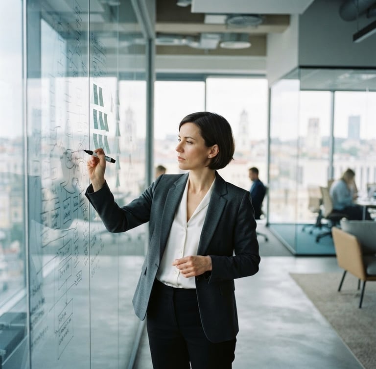 Environmental portrait of a business advisor analyzing a structured chart on a glass wall, Vilnius office background, bright natural light, cool desaturated tones, sharp focus, 35mm