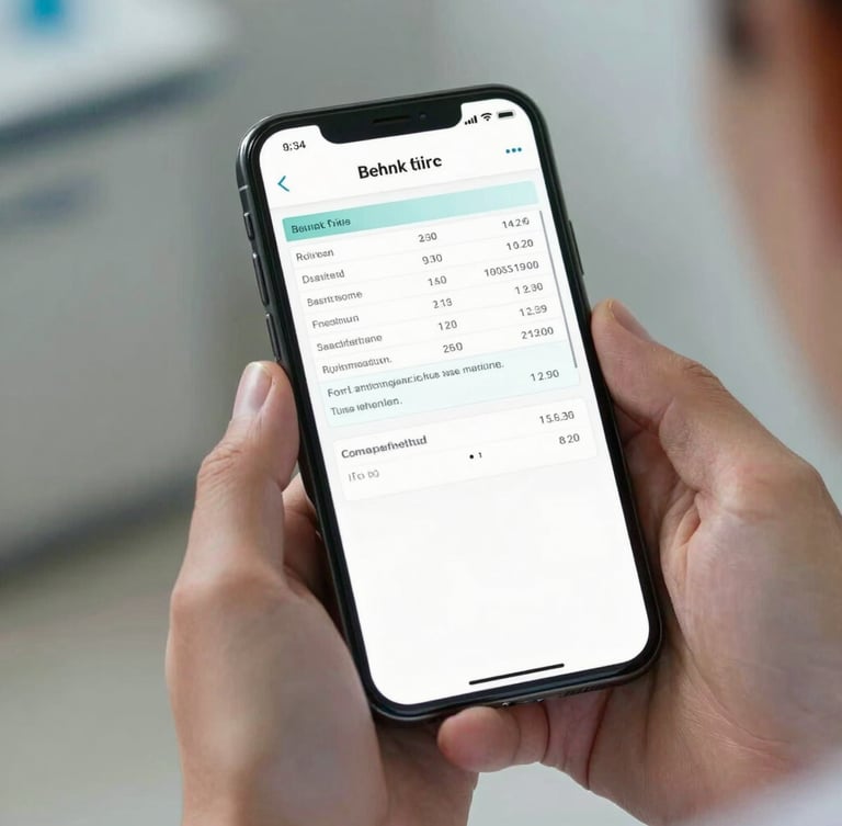 A close-up of a patient's hands holding a smartphone displaying a clean, high-contrast medical record dashboard with test results and doctor's notes, clinical setting