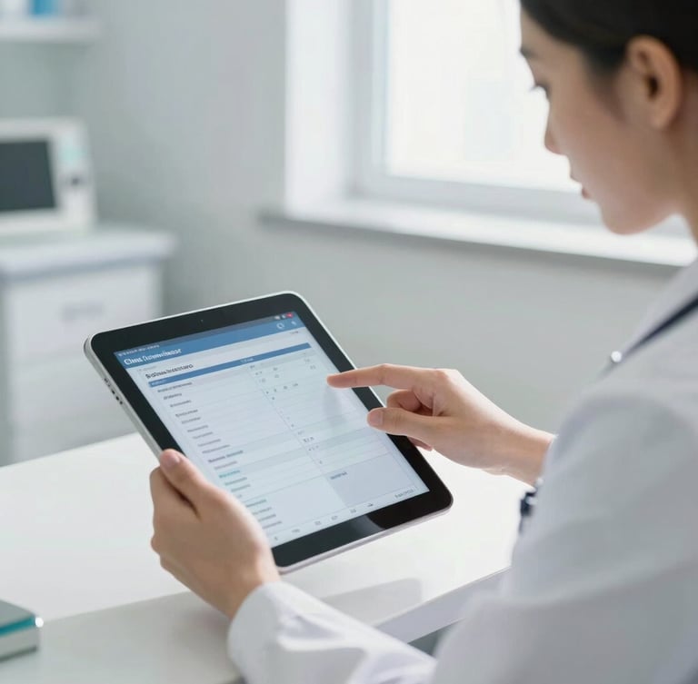 A sharp, bright medium-close shot of a medical professional in a clean, daylight-filled clinical environment, interacting with a modern tablet interface showing patient records.