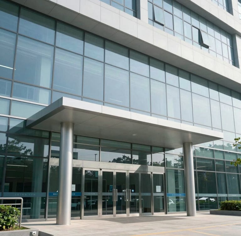 Medium shot of a modern glass-and-steel hospital entrance under bright daylight, clean architectural lines, clinical precision.