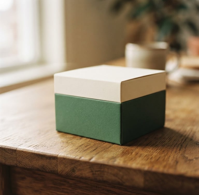 Close-up shot of minimalist, elegant product packaging sitting on a warm wooden table, soft window daylight, deep green and cream tones, shallow depth of field, 35mm editorial photography.