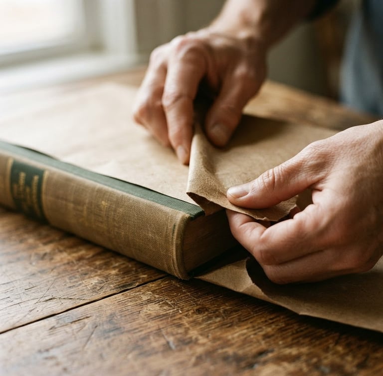 Macro photograph of hands carefully wrapping a thick hardcover book in heavy brown kraft paper on a rustic wooden table, soft window light, warm editorial style