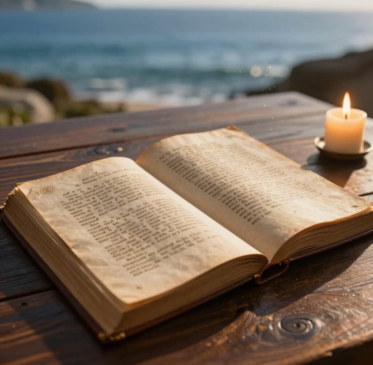 An ancient leather-bound treaty document open on a dark wooden table, warm candle light, shallow depth of field, dust motes in the air.