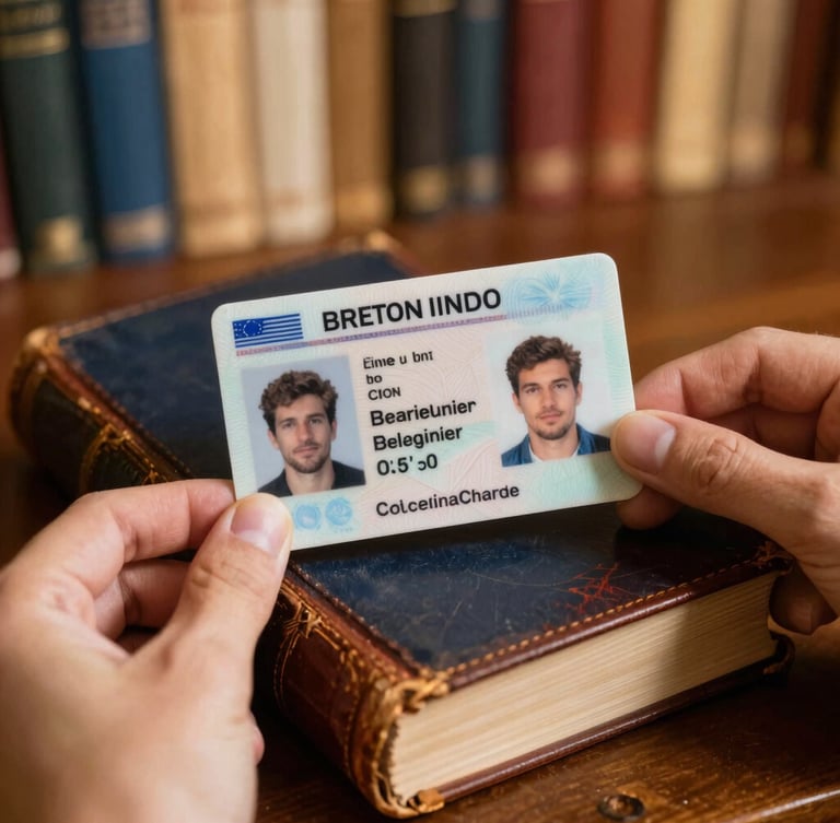 Hands holding a high-fidelity printed Breton driver's license card over an ancient leather-bound book, warm library lighting