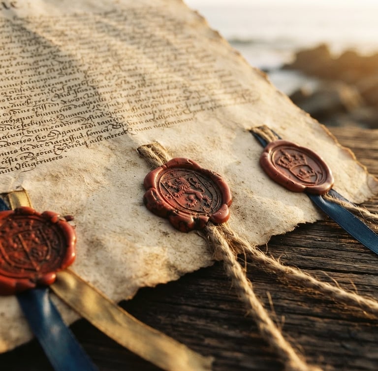 Close-up of a vintage parchment treaty with wax seals, soft golden-hour light illuminating calligraphy, shallow depth of field