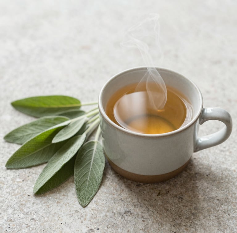 An overhead shot of steaming herbal tea in a ceramic mug next to fresh sage and eucalyptus leaves on a natural stone surface, soft overcast Nordic daylight, 35mm