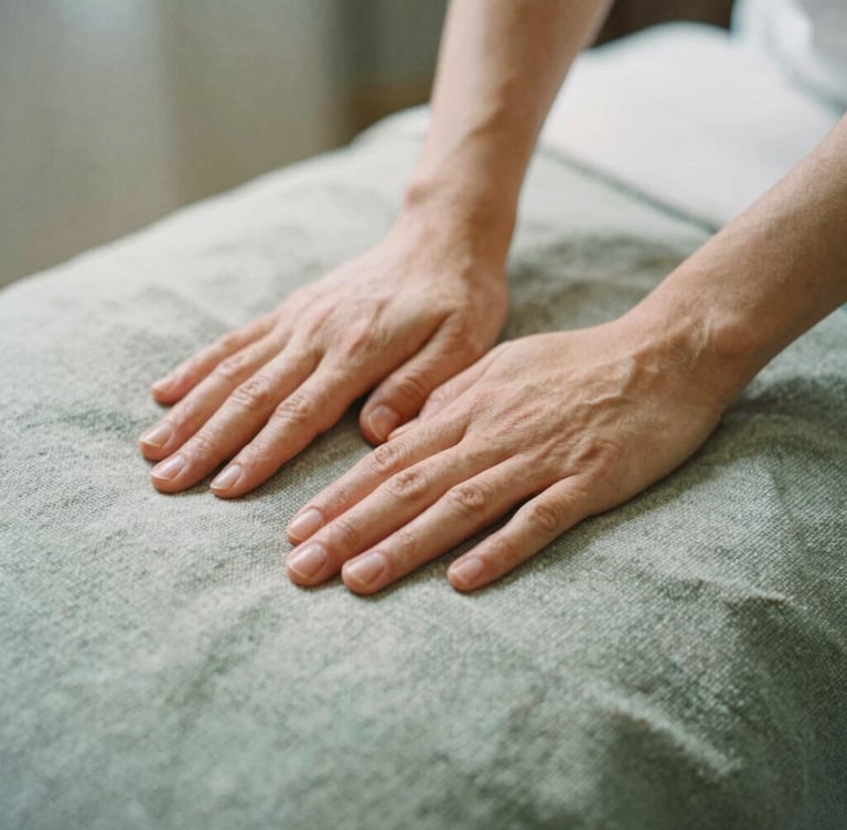 A medium close-up of gentle massage hands resting on a warm, soft textile blanket, soft diffused Nordic daylight, muted sage and stone tones, shallow depth of field, 35mm