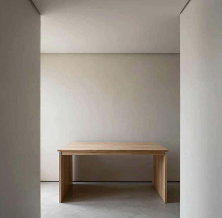Straight-on architectural perspective of a minimal workplace interior, showing sharp oak and steel material junctions, soft diffused daylight, muted neutral tones, sharp focus.