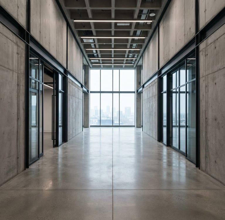 Straight-on one-point perspective of a minimalist corporate lobby, soft diffused daylight, sharp focus on concrete and steel junctions, 35mm lens