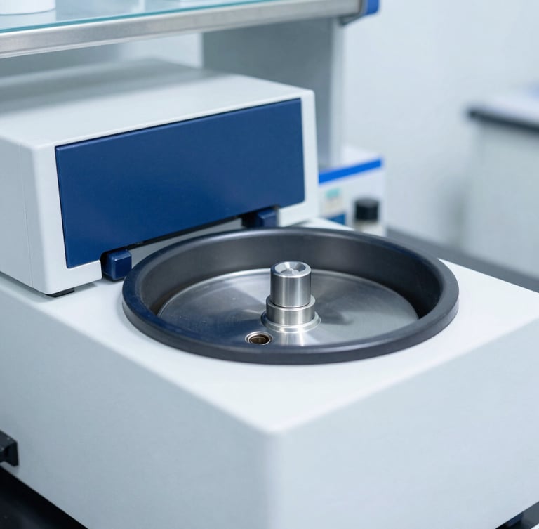 A close-up of a clinical centrifuge in a pristine laboratory, sterile stainless steel, bright cool-toned clinical lighting, sharp focus, 35mm